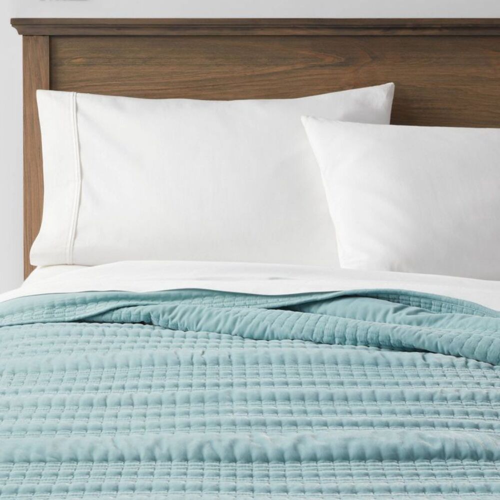 Full/Queen Lofty Velvet Quilt Light Teal Blue - Threshold